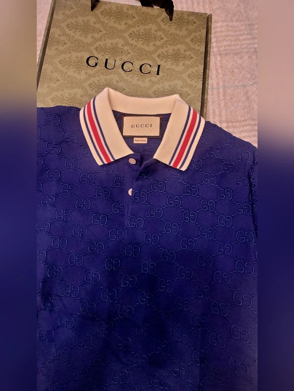 🇮🇹 GUCCI Embroidered 👕Navy Blue GG Jacquard Polo🇮🇹 with Cream Stripe Collar